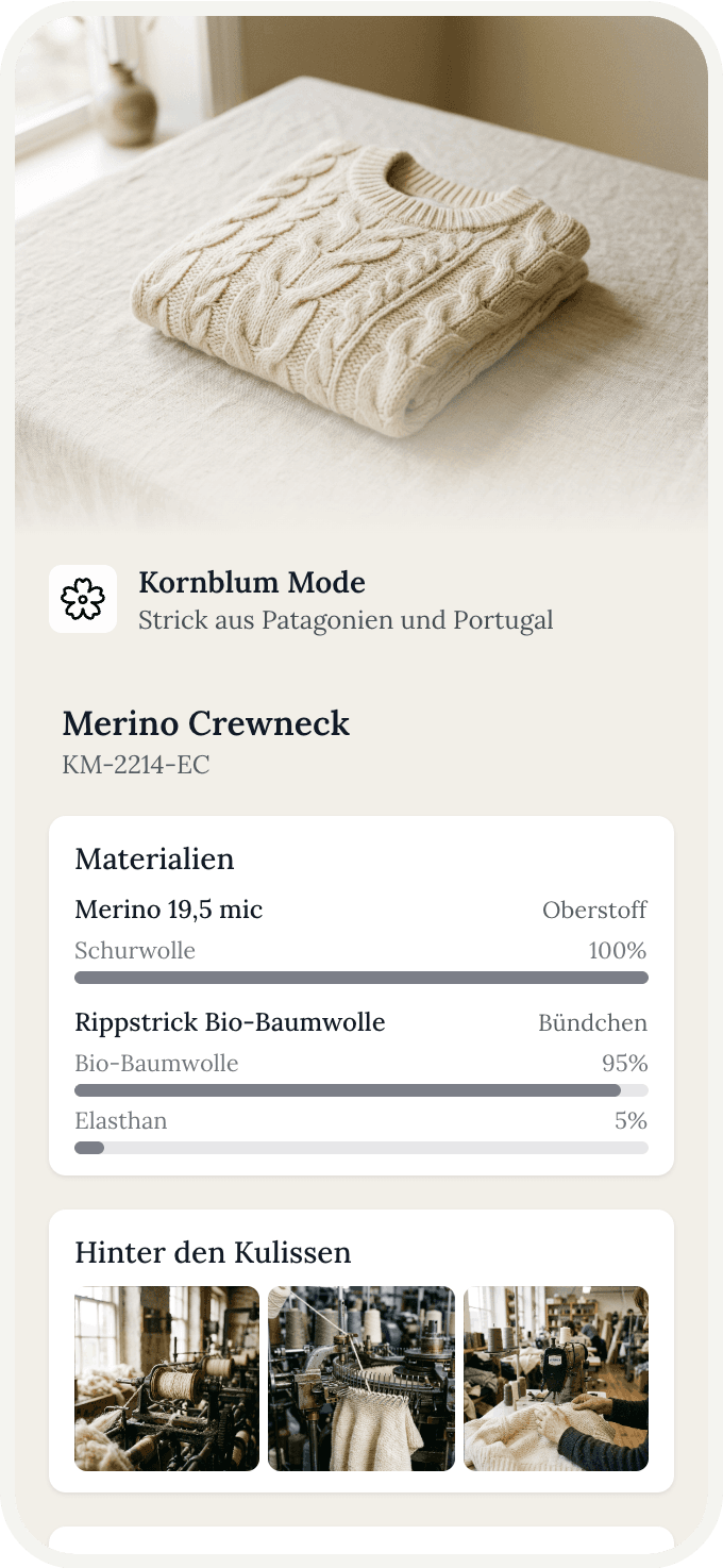 Digitaler Produktpass eines Merino-Pullovers, wie ihn ein Endkunde nach dem Scannen sieht